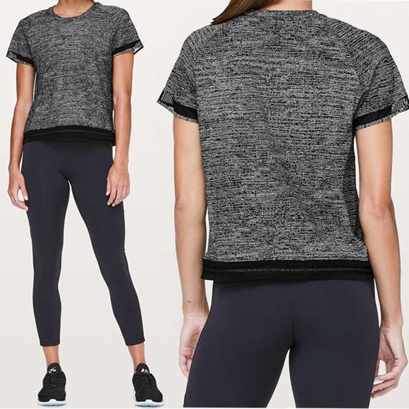 Lululemon Find Focus Womens 8 Short‎ Sleeve Crop Top Mesh Twillines Ice Black - Picture 1 of 10